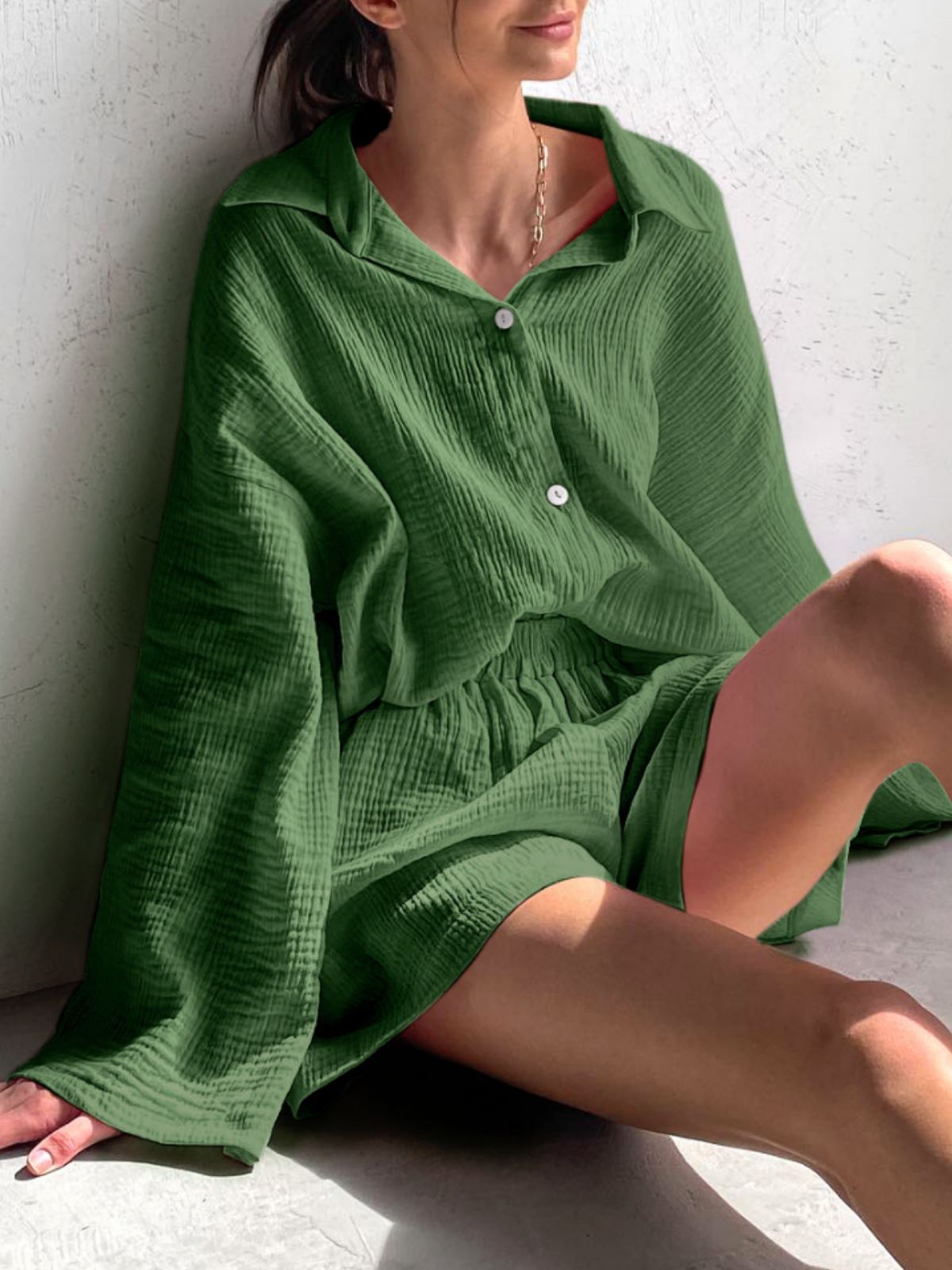 Ensemble Décontracté Coton Femme – Chemise à Manches Longues & Pantalon Large