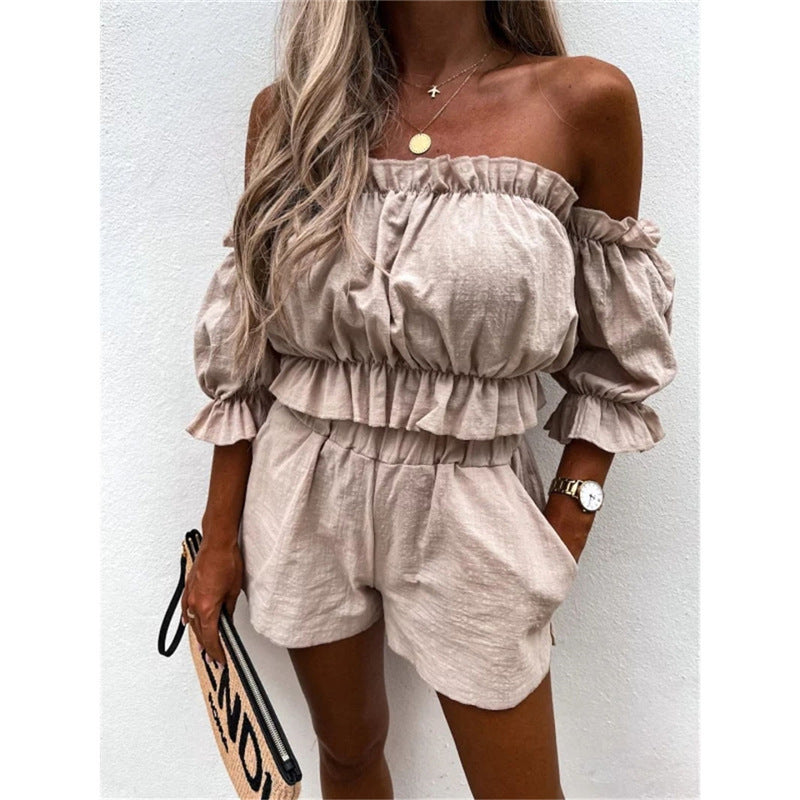 ✨ Ensemble Deux Pièces Sexy – Haut Bustier & Short Taille Haute à Volants