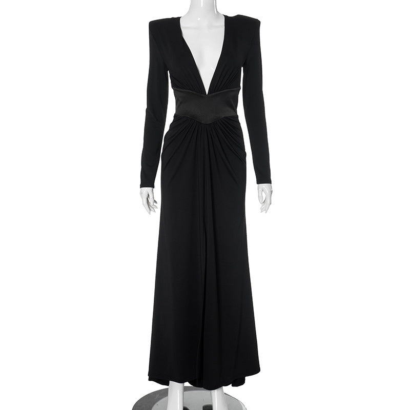 Robe Longue Noire à Décolleté en V Profond, Manches Longues et Fente Haute