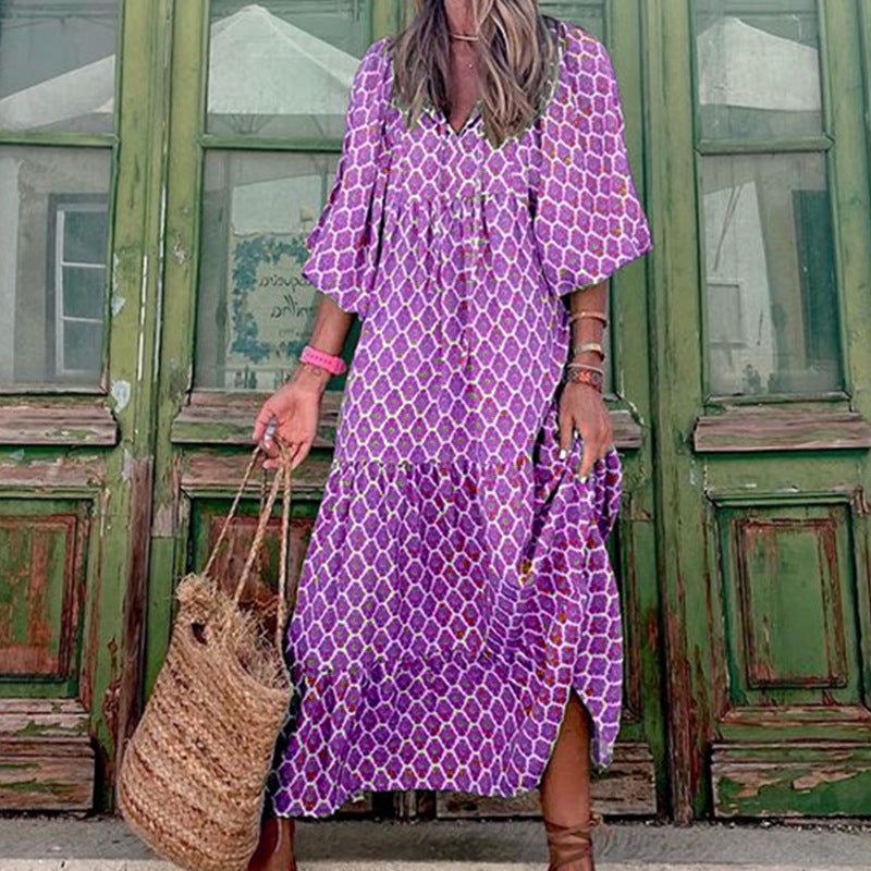Robe Bohème Vintage d’Été – Col V & Imprimé Fleuri Élégant