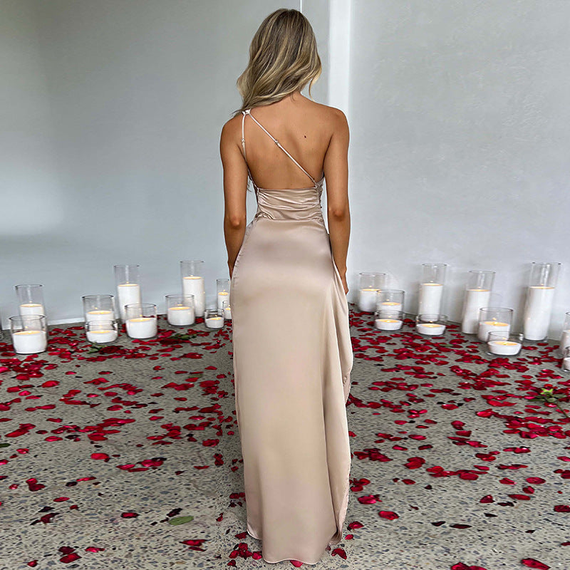 Robe Fendue Sexy à Une Épaule – Satin Uni, Dos Nu, Élégante et Moulante pour l’Été