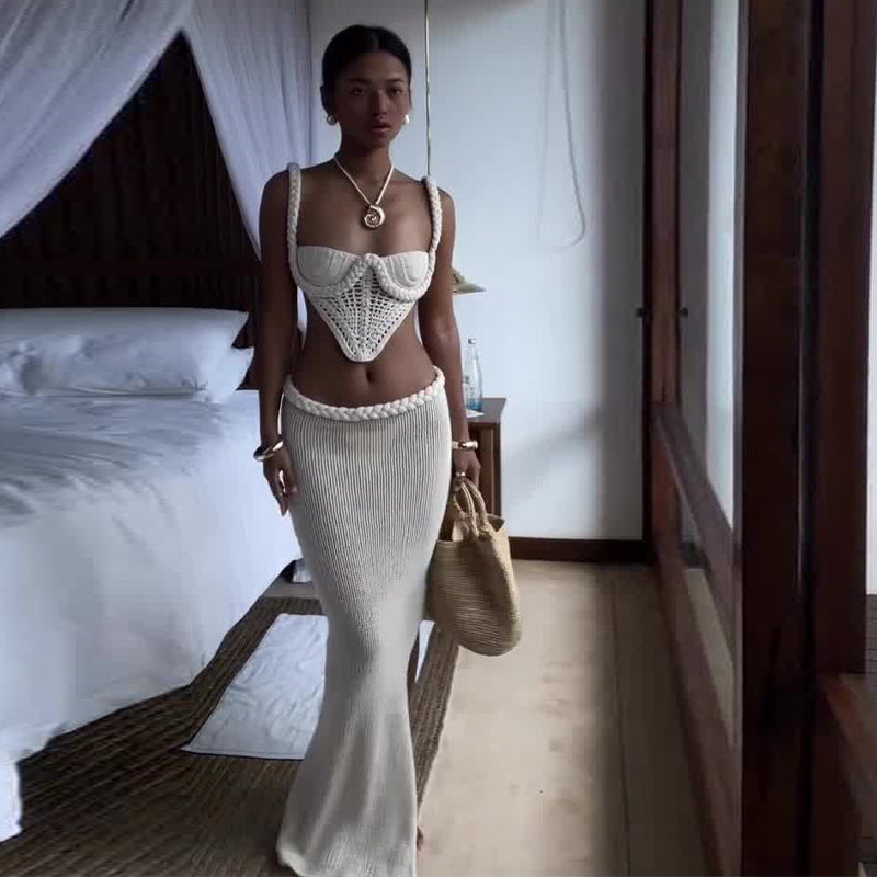 Set Sexy Femme Été – Haut Bandeau Crochet et Jupe Longue Fendue Taille Basse