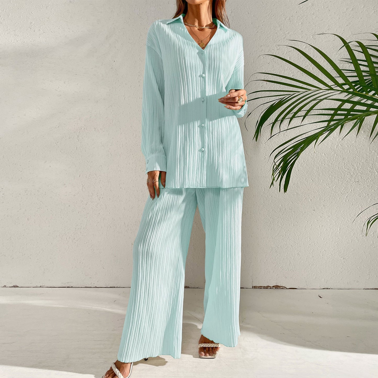 Ensemble Décontracté Élégant – Chemise Ample à Manches Longues & Pantalon Fluide