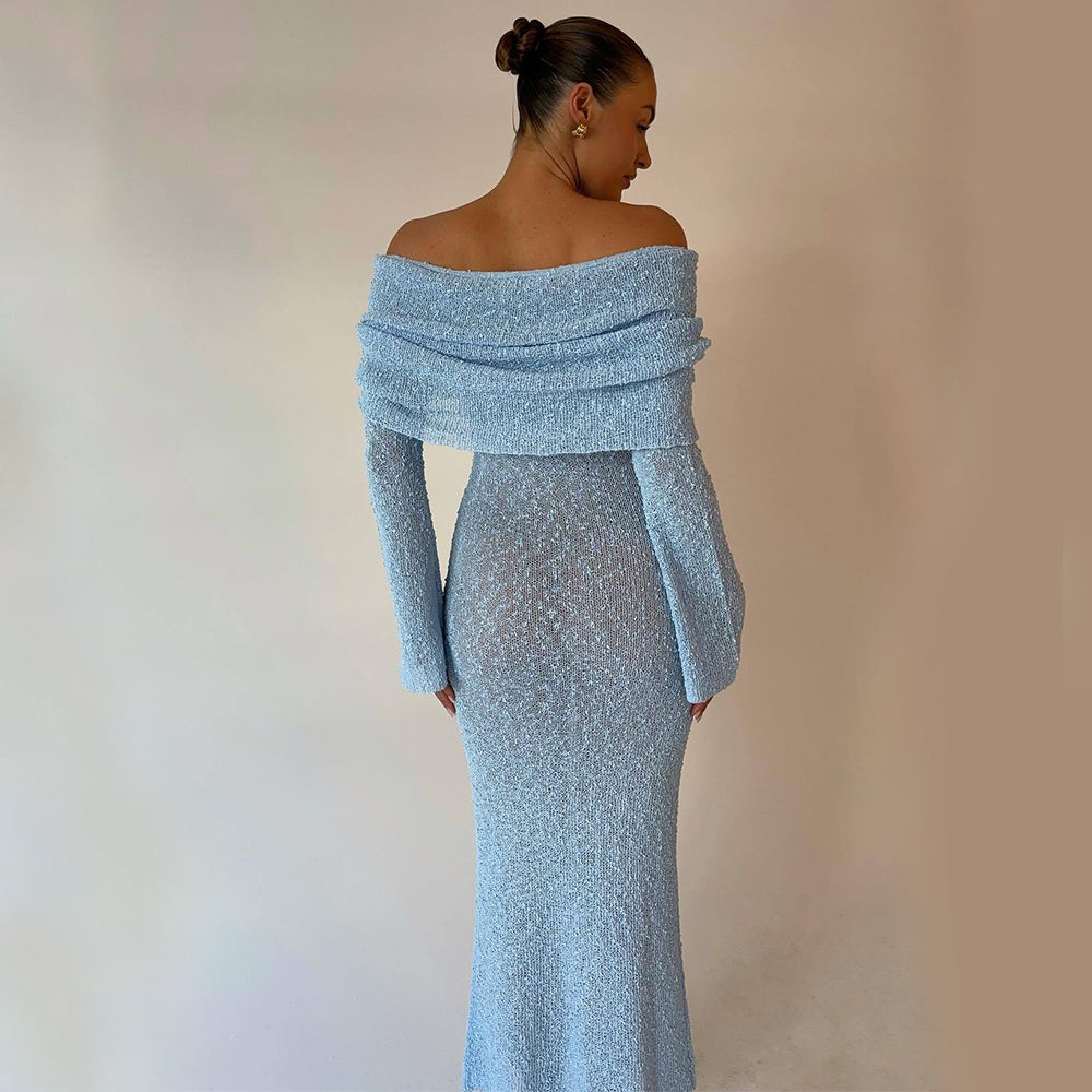 Robe Longue Sexy à Épaule Dénudée – Maille, Manches Longues, Style Vacances à la Plage