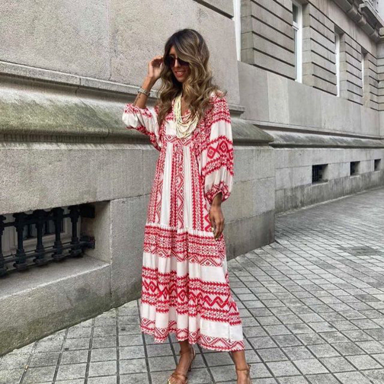 Robe Bohème Vintage d’Été – Col V & Imprimé Fleuri Élégant