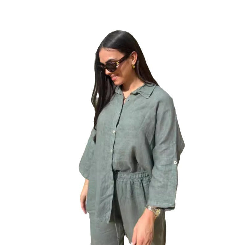 ✨ Ensemble Décontracté Femme en Coton & Lin – Style Coréen à Manches 3/4