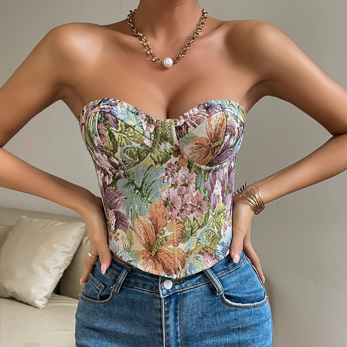 Corset Y2K Sans Bretelles à Fleurs – Top Court Sexy Noué au Dos pour Femmes | Tendance INS 2025