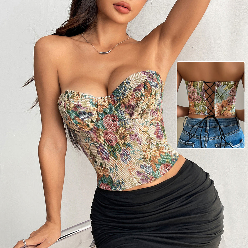 Corset Y2K Sans Bretelles à Fleurs – Top Court Sexy Noué au Dos pour Femmes | Tendance INS 2025