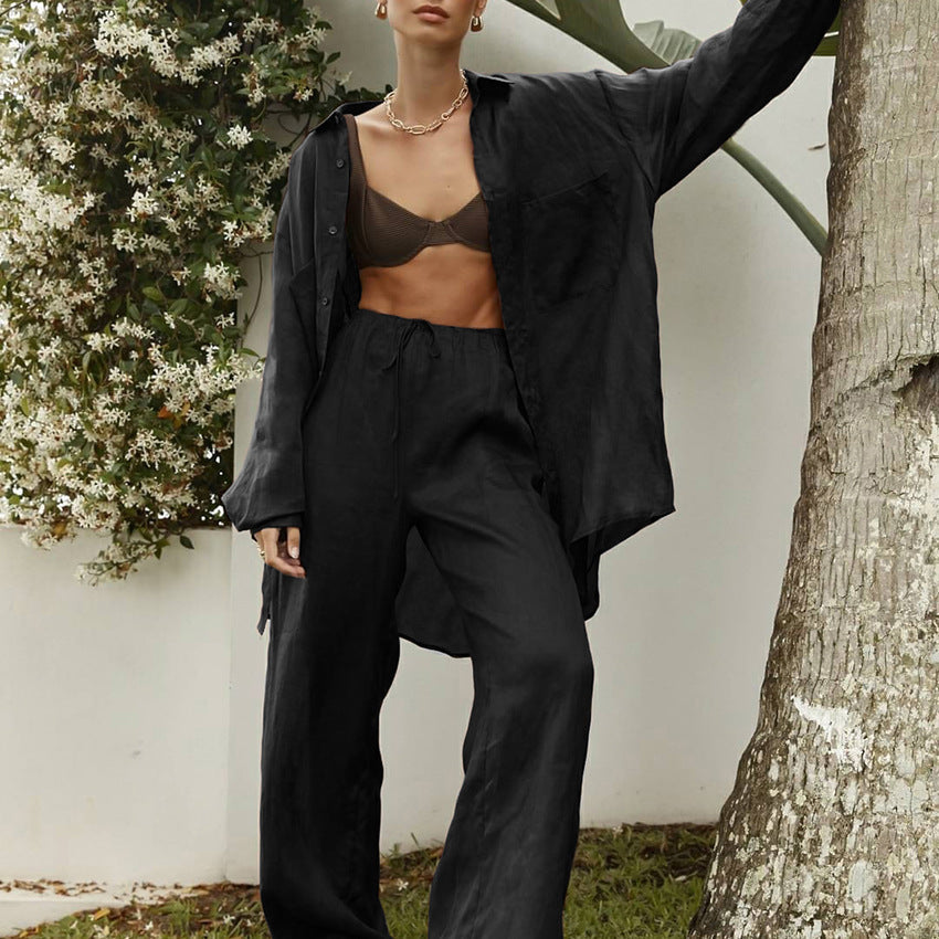 Ensemble Décontracté Femme – Blouse Longue & Pantalon Fluide Abricot