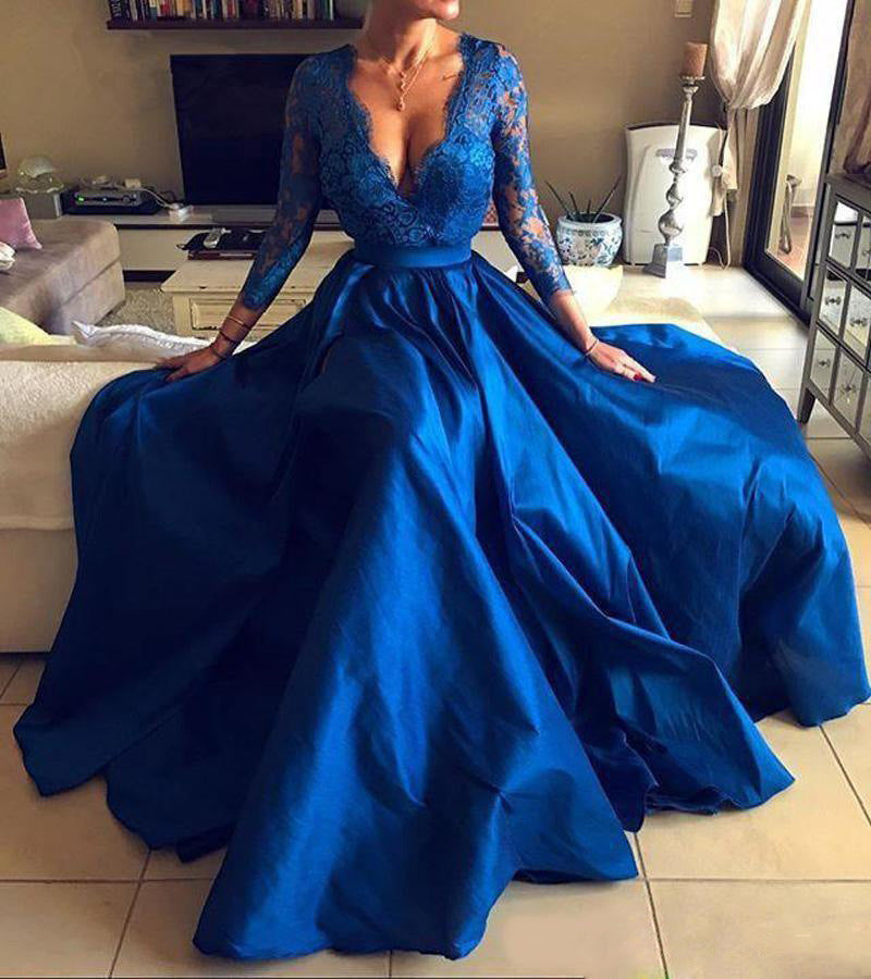 Robe de Soirée en Dentelle à Col en V – Jupe Ample Style Princesse