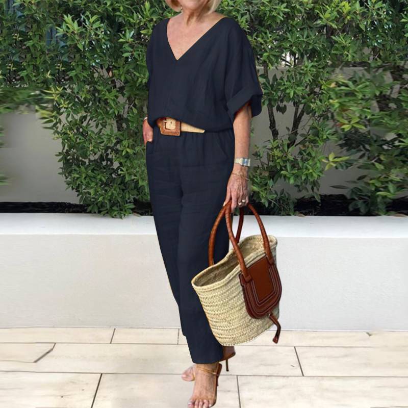 Ensemble Décontracté Femme Multicolore – Haut Col V & Pantalon Large Coton Lin