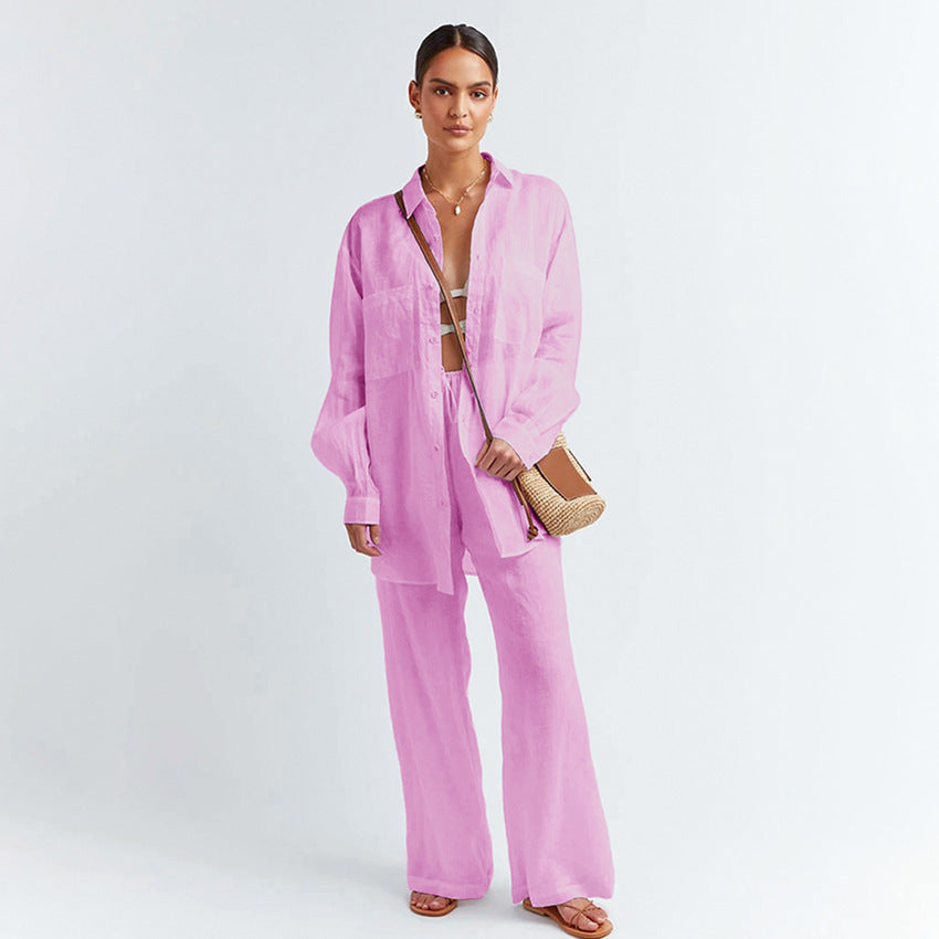 Ensemble Décontracté Femme – Blouse Longue & Pantalon Fluide Abricot