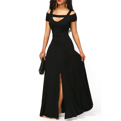 Robe de soirée moulante sans bretelles à col en V uni avec fente