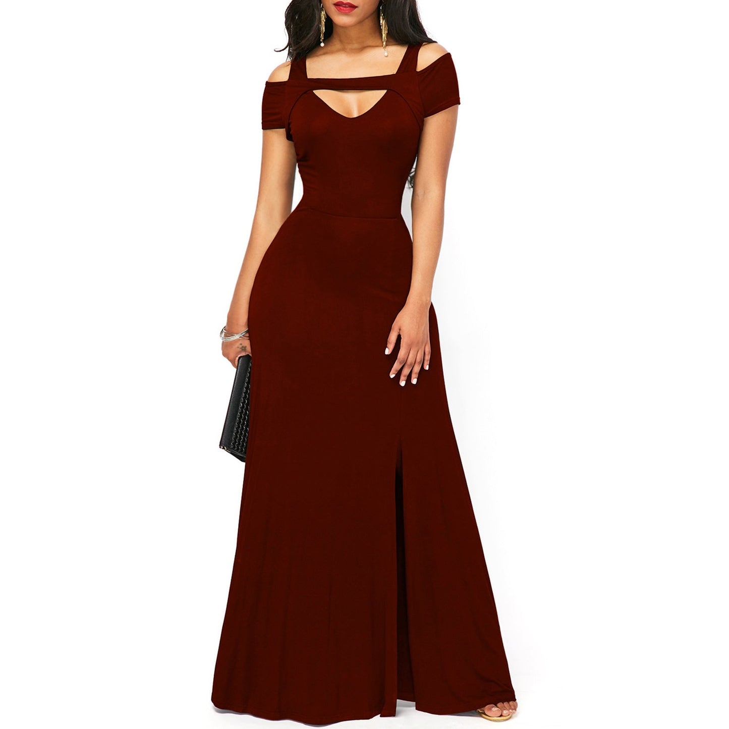 Robe de soirée moulante sans bretelles à col en V uni avec fente