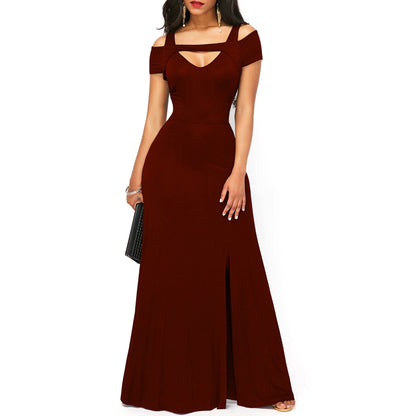 Robe de soirée moulante sans bretelles à col en V uni avec fente