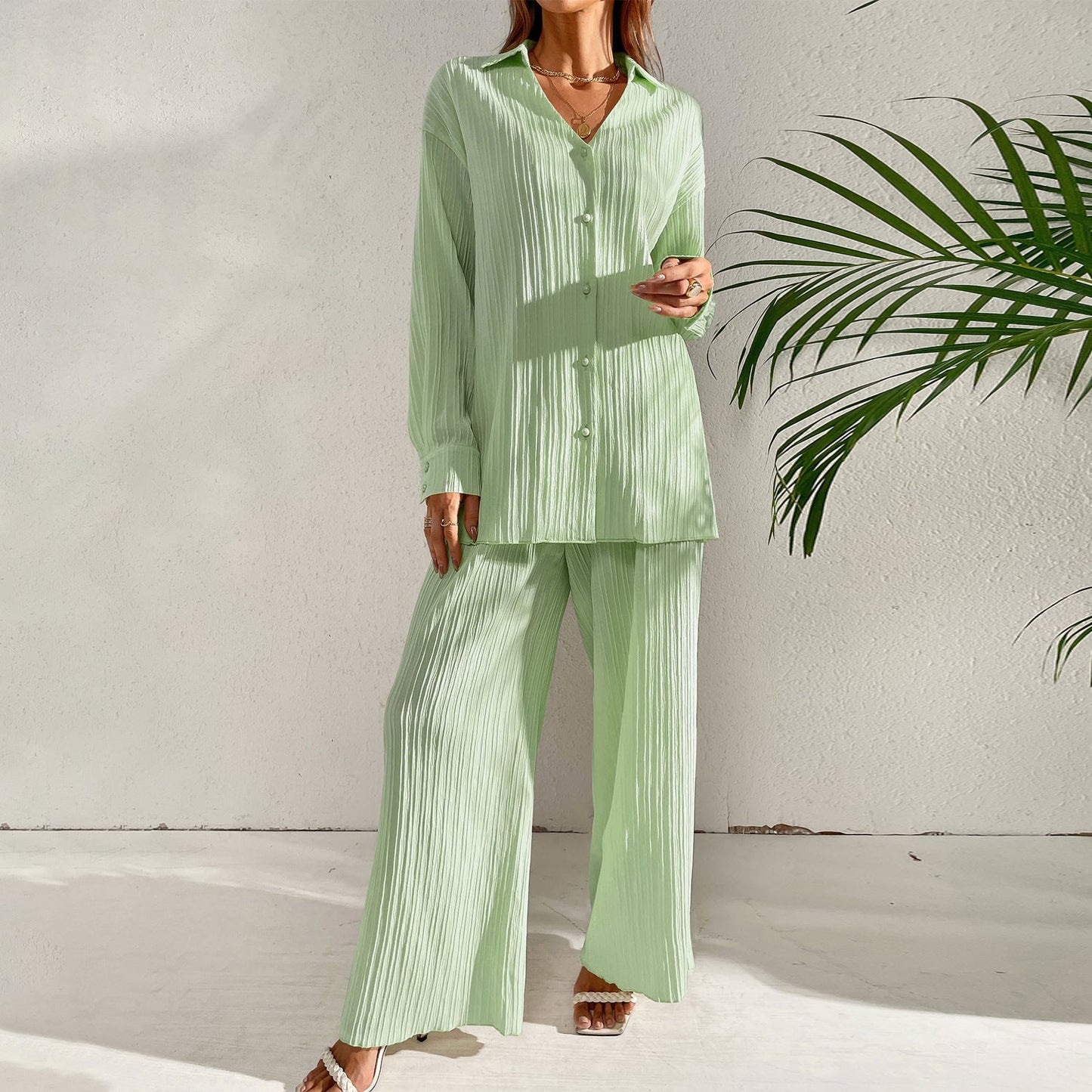 Ensemble Décontracté Élégant – Chemise Ample à Manches Longues & Pantalon Fluide