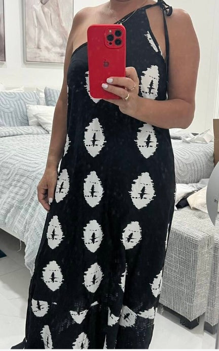 Robe Bohème Sexy Sans Manches à Imprimé Intégral et Liens au Col