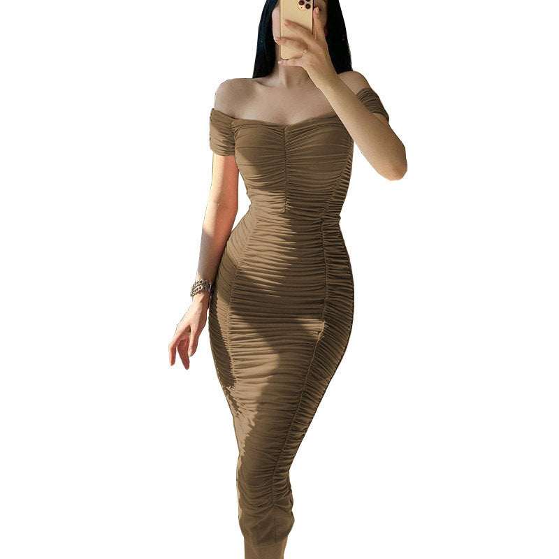 Robe Plissée d'Été Femme – Épaules Dénudées, Taille Haute