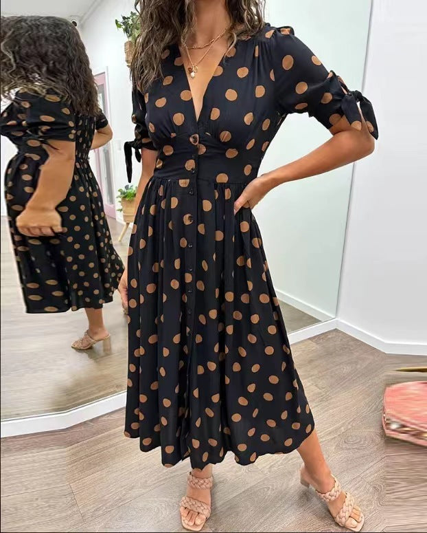 Robe Priscilla Mi-longue À Pois Boutonnée