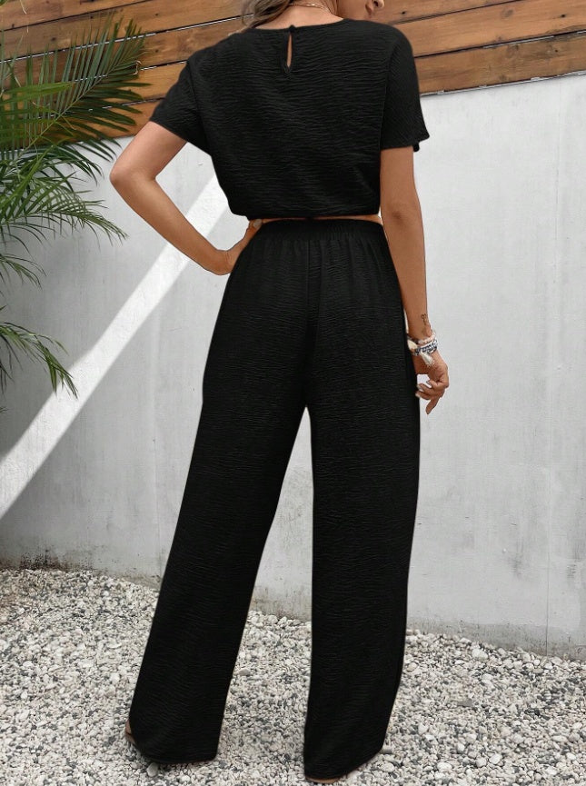 Ensemble Décontracté Deux Pièces – Haut Texture Fluide & Pantalon Uni Style Naturel