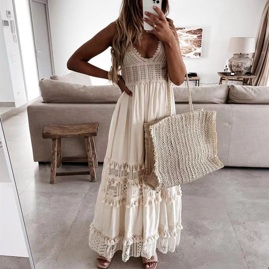 Robe Longue Décontractée Sans Manches avec Détail Dentelle – Élégance Naturelle