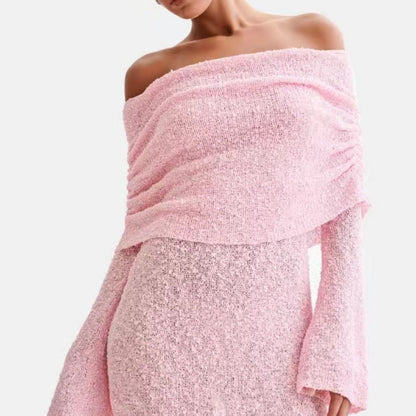 Mini-Robe Tricotée Chic – Col Bateau, Épaules Dénudées, Manches Longues, Style Club Élégant