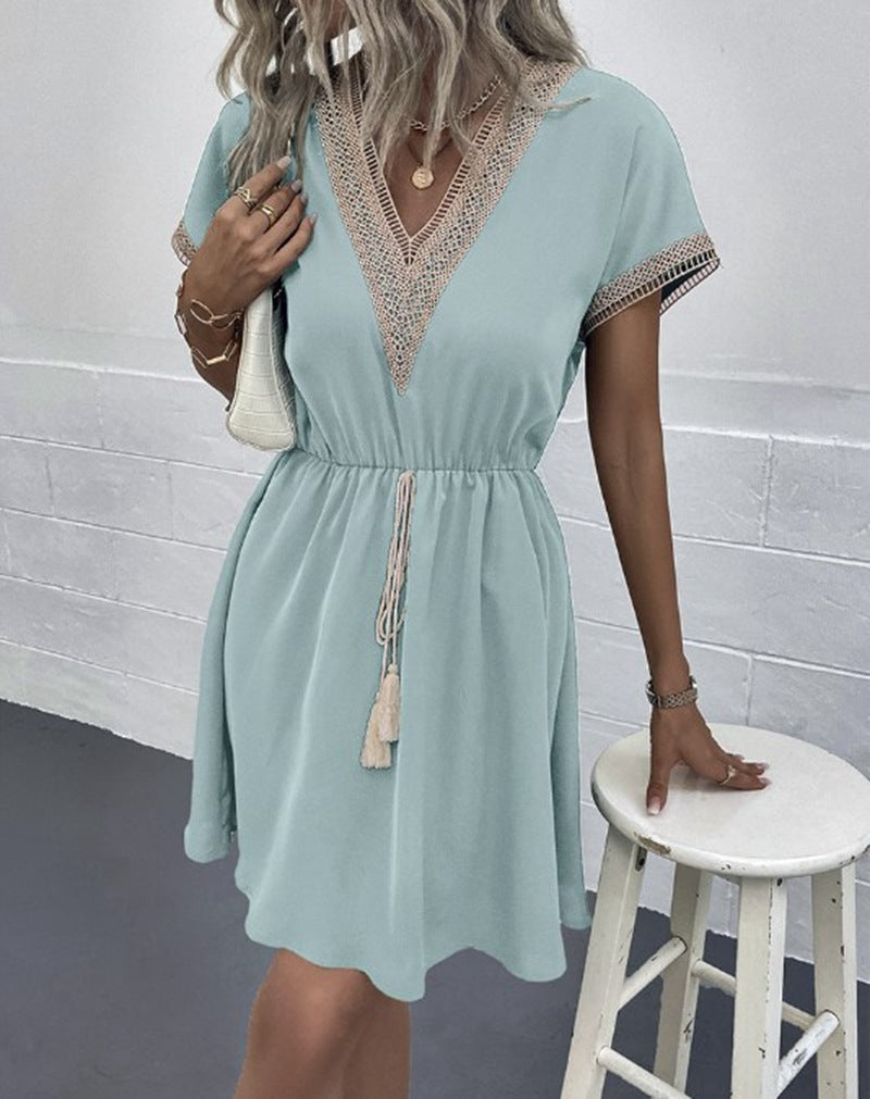 Robe Mi-Longue à Manches Courtes – Col V en Dentelle, Taille Ample, Couleur Unie
