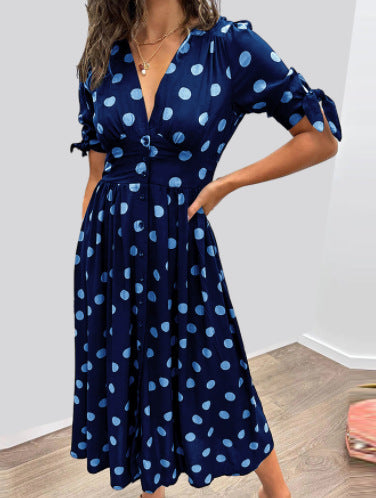Robe Priscilla Mi-longue À Pois Boutonnée