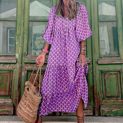 Robe Bohème Vintage d’Été – Col V & Imprimé Fleuri Élégant
