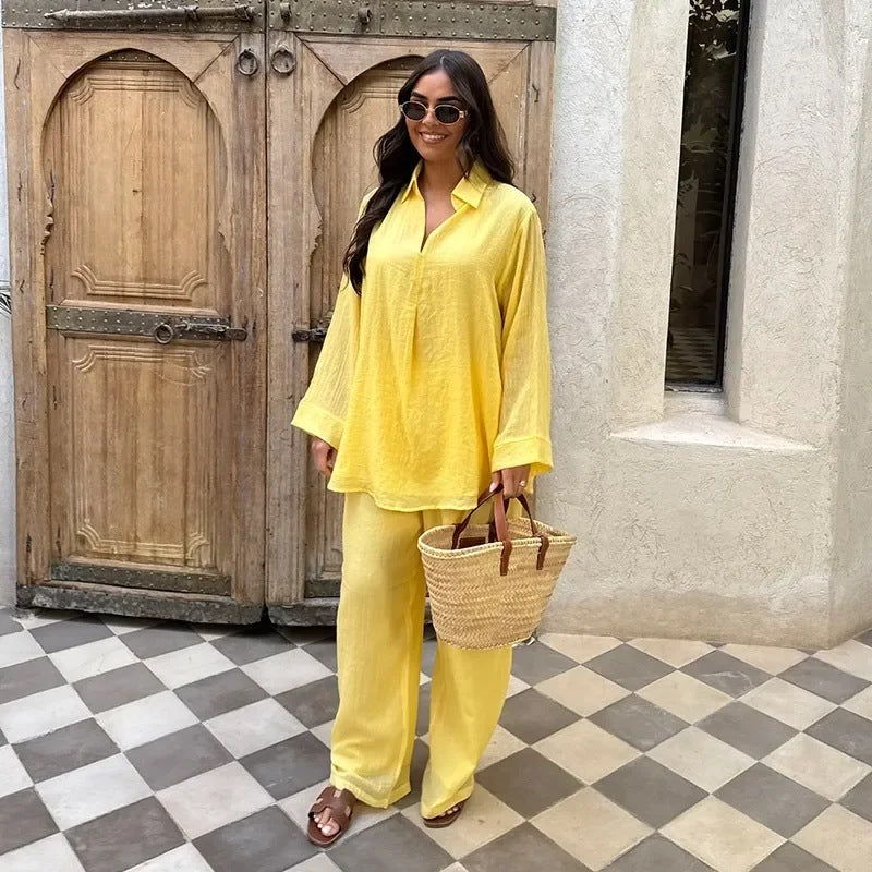 Ensemble V-Col Décontracté en Coton & Lin – Chemise Légère et Pantalon Long