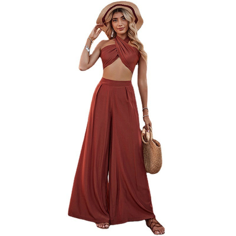 Ensemble Élégant Femme – Débardeur Halter & Pantalon Large Taille Haute