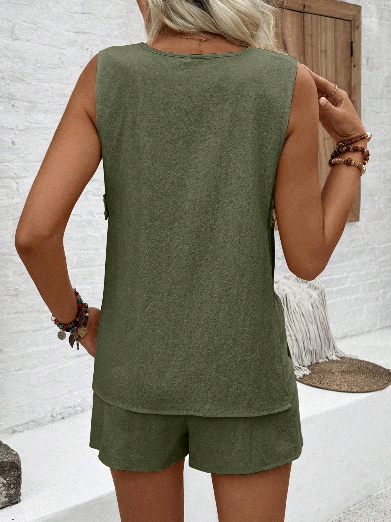 Ensemble Élégant d’Été – Gilet Sans Manches & Short Imprimé 100% Coton