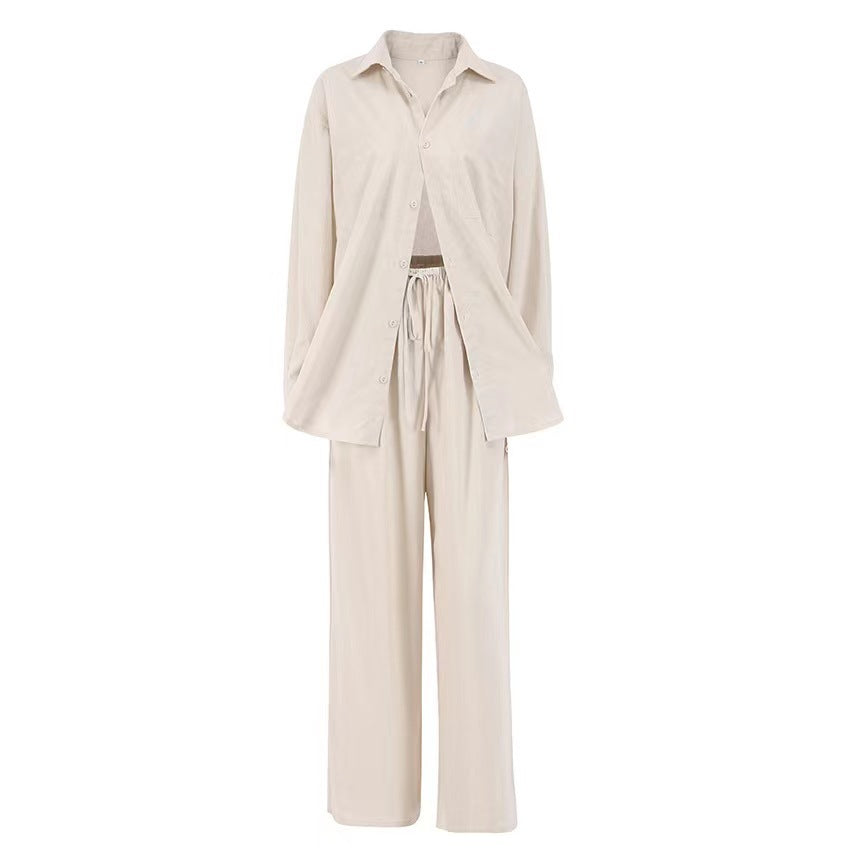 Ensemble Décontracté Femme – Blouse Longue & Pantalon Fluide Abricot