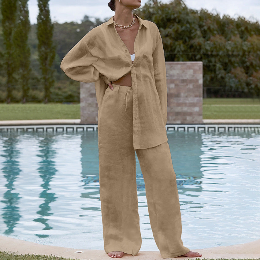 Ensemble Décontracté Femme – Blouse Longue & Pantalon Fluide Abricot