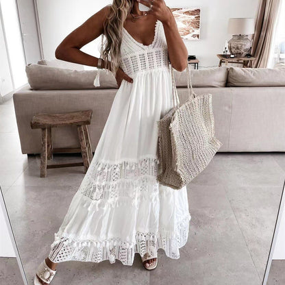 Robe Longue Décontractée Sans Manches avec Détail Dentelle – Élégance Naturelle