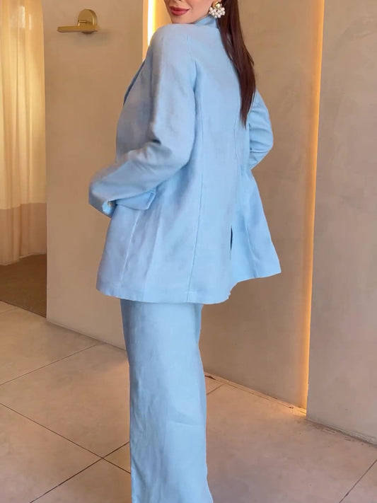 Ensemble 3 Pièces Lin & Coton – Blazer, Camisole & Pantalon Taille Haute