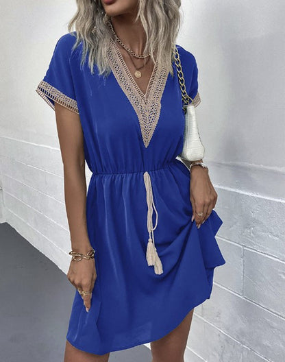 Robe Mi-Longue à Manches Courtes – Col V en Dentelle, Taille Ample, Couleur Unie