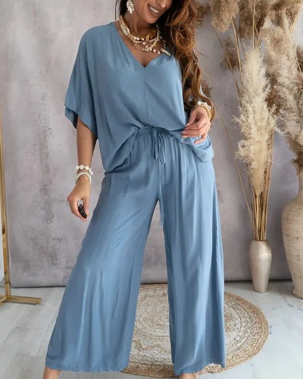 🌈 Ensemble Décontracté Haut Chauve-souris & Pantalon – Style Libre & Confort Élégant