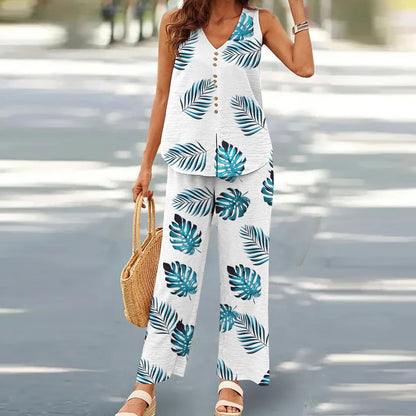 Ensemble Décontracté Imprimé 3D Femme – Débardeur & Pantalon Large en Soie Glacée