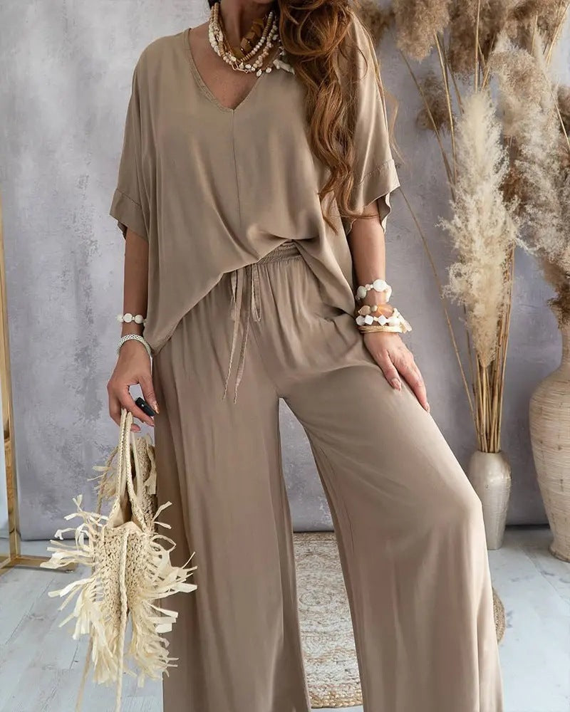 🌈 Ensemble Décontracté Haut Chauve-souris & Pantalon – Style Libre & Confort Élégant