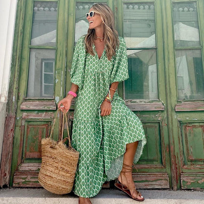 Robe Bohème Vintage d’Été – Col V & Imprimé Fleuri Élégant