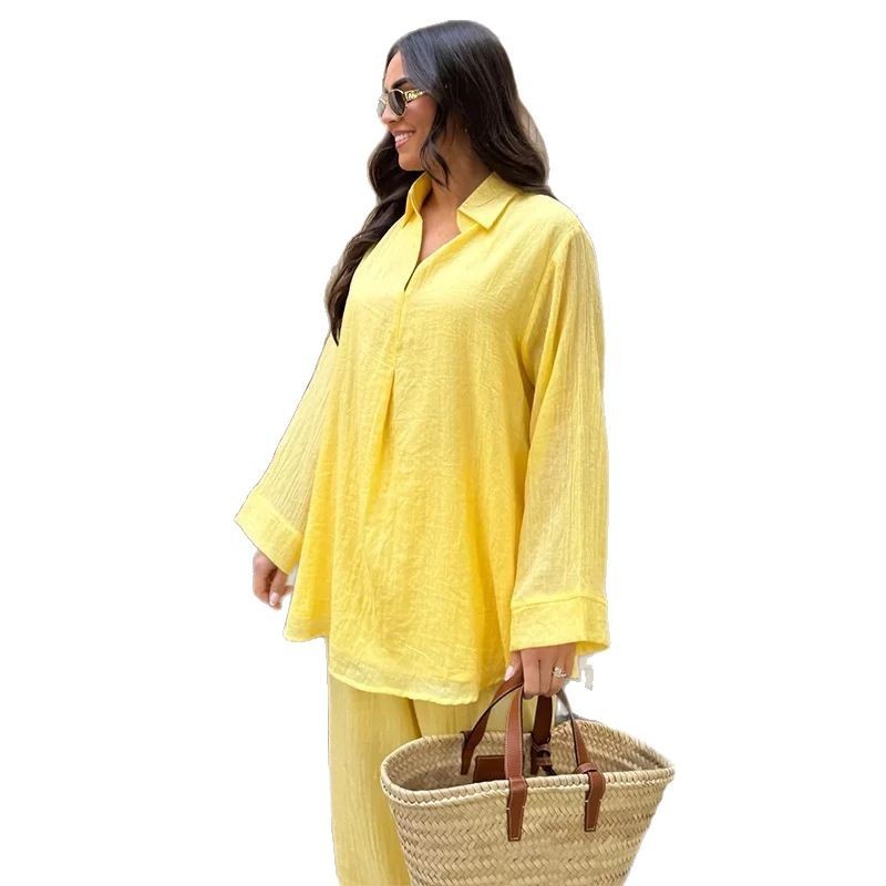 Ensemble V-Col Décontracté en Coton & Lin – Chemise Légère et Pantalon Long