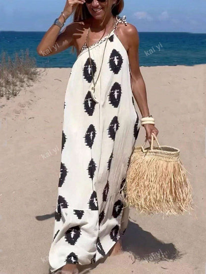 Robe Bohème Sexy Sans Manches à Imprimé Intégral et Liens au Col