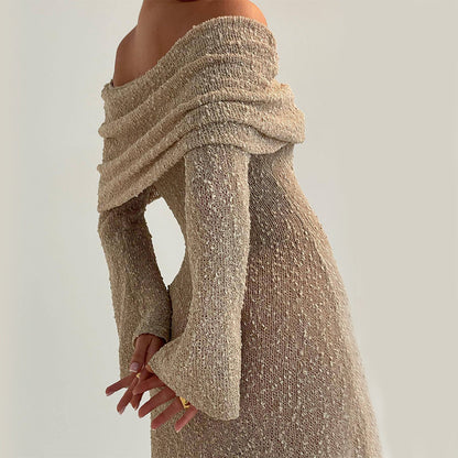 Robe Longue Sexy à Épaule Dénudée – Maille, Manches Longues, Style Vacances à la Plage
