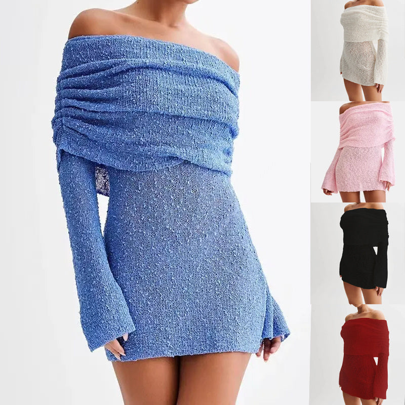 Mini-Robe Tricotée Chic – Col Bateau, Épaules Dénudées, Manches Longues, Style Club Élégant