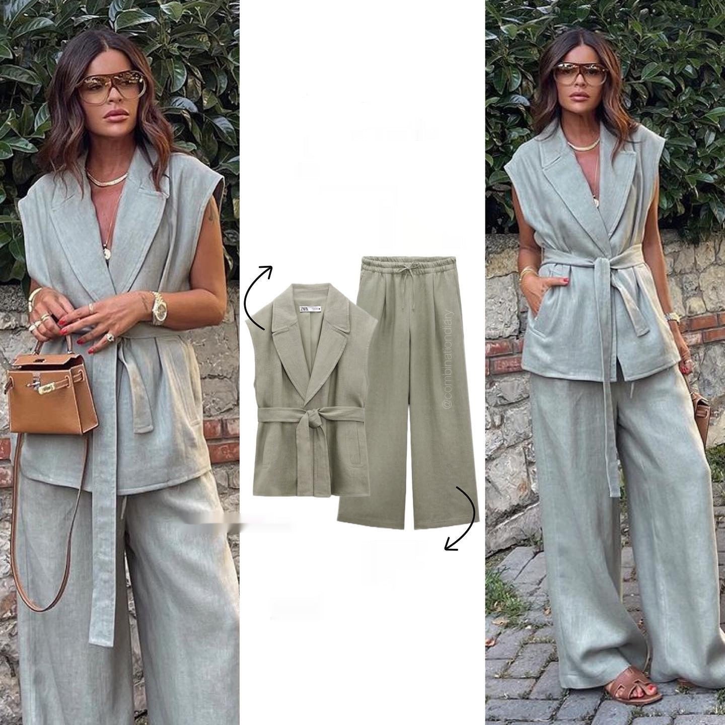 Ensemble Gilet Lin Ceinturé – Style Urbain Élégant