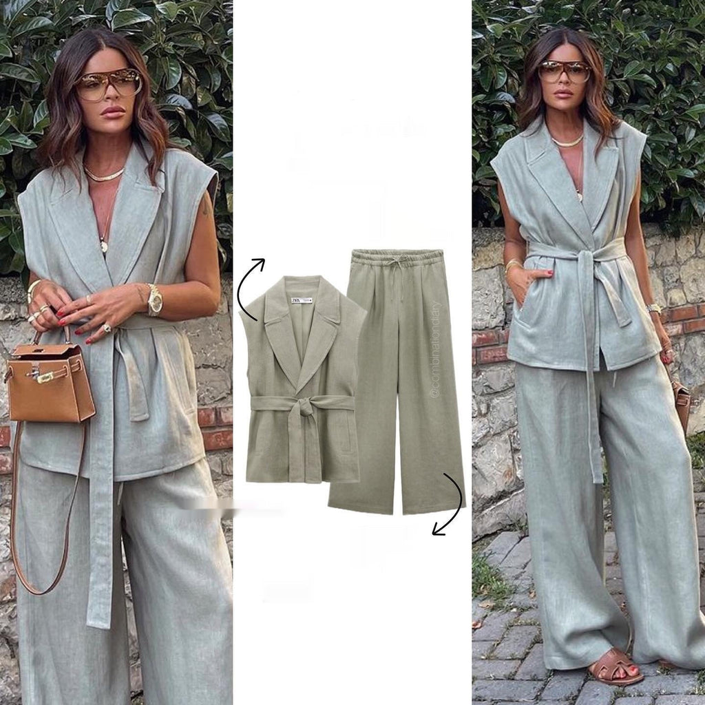 Ensemble Gilet Lin Ceinturé – Style Urbain Élégant