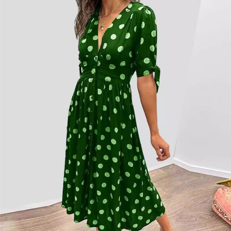 Robe Priscilla Mi-longue À Pois Boutonnée