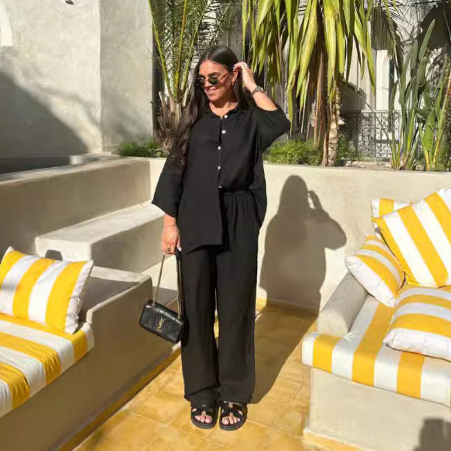 ✨ Ensemble Décontracté Femme en Coton & Lin – Style Coréen à Manches 3/4