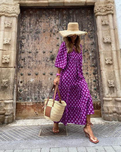 Robe Bohème Vintage d’Été – Col V & Imprimé Fleuri Élégant